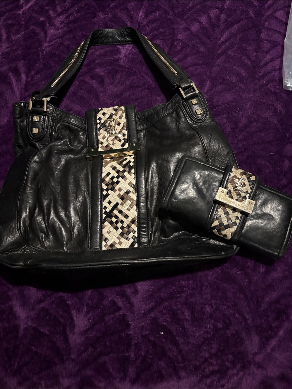 Lamb Vintage Black Woven Accent Tote and Wallet Set - Women's Handbag